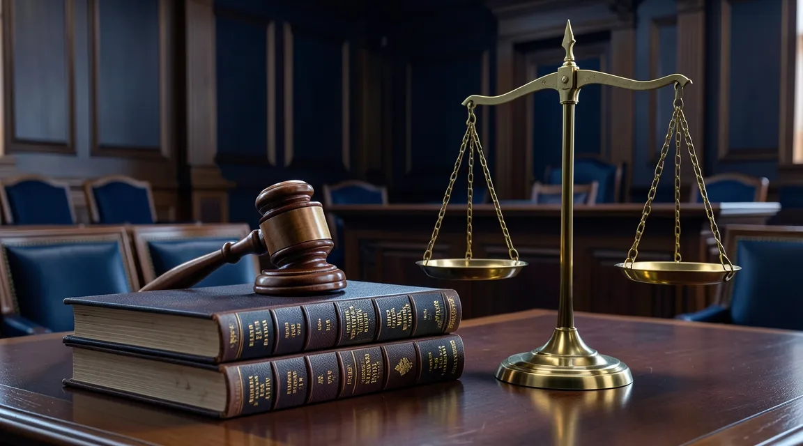Mahkeme salonunda vergi hukuku kitapları üzerinde tahta tokmak ve adalet terazisi.