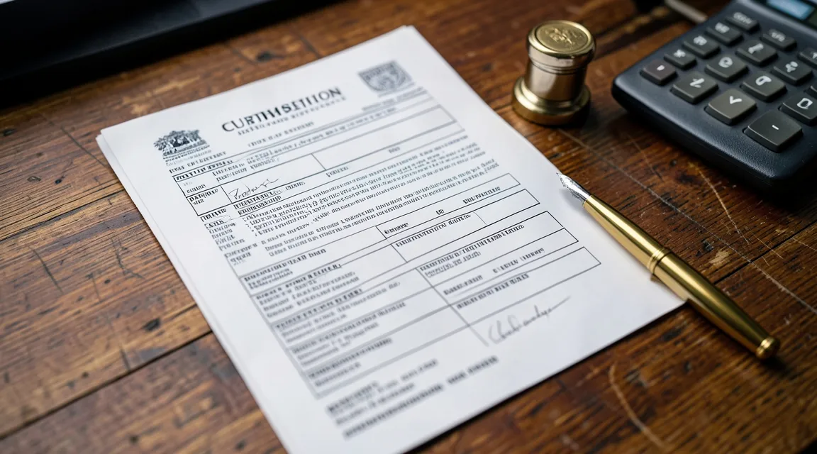Close-up of a customs declaration form on a desk with a fountain pen and official stamps.