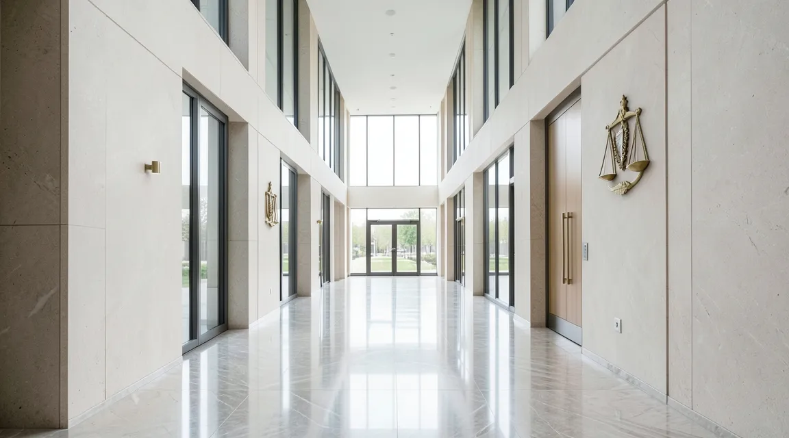 Modern tax court hallway with marble floors and clean architectural lines representing legal appeals.