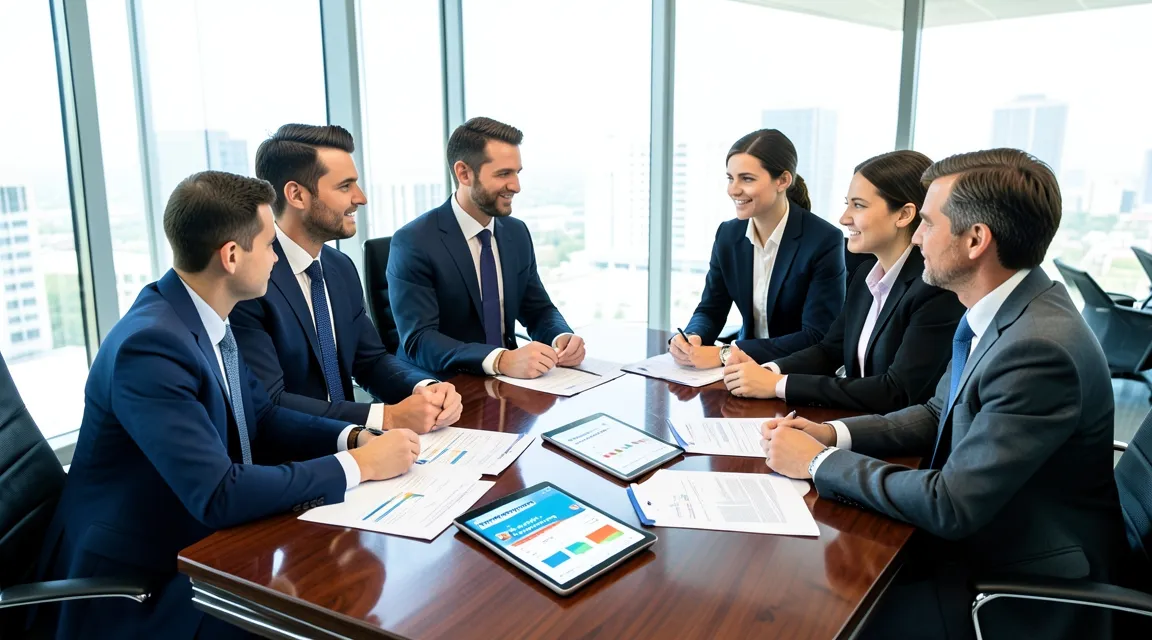Legal consultants and customs experts reviewing trade documents in a modern corporate office.