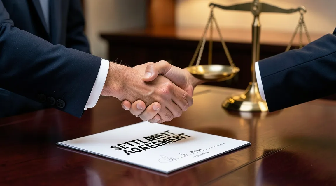 Business professionals shaking hands over a signed customs settlement agreement.