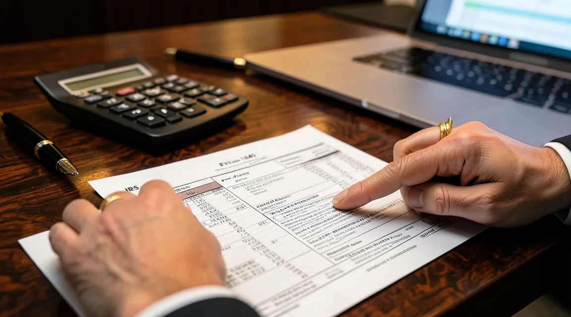 Customs consultant pointing at a tax document and customs declaration form on a wooden desk.