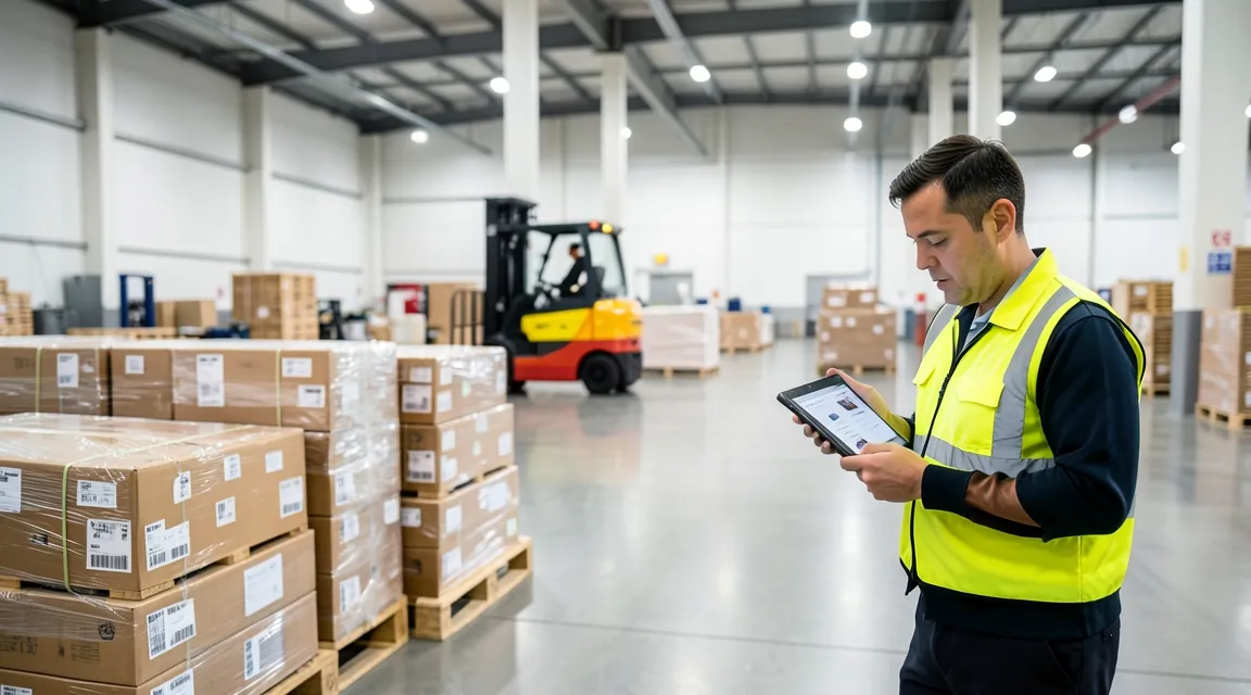 Modern customs warehouse with organized cargo pallets and an inspector checking packages.