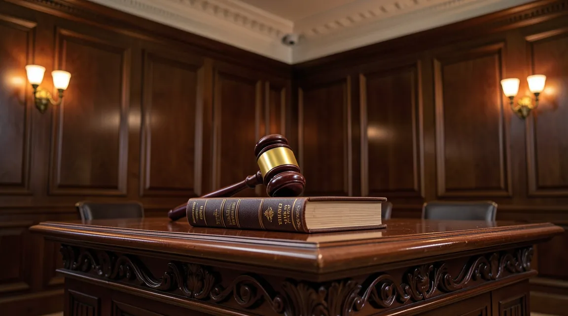 Wooden gavel on a legal book in a prestigious courtroom, representing customs law litigation.