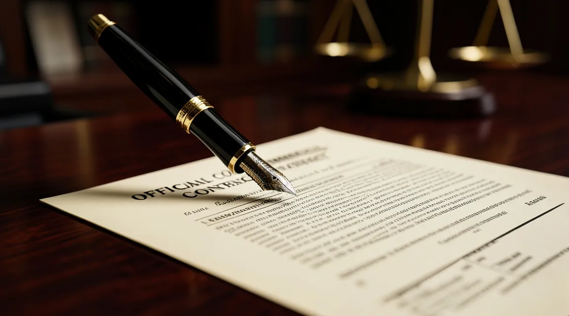 Fountain pen signing a commercial contract with a brass scale of justice in the background.