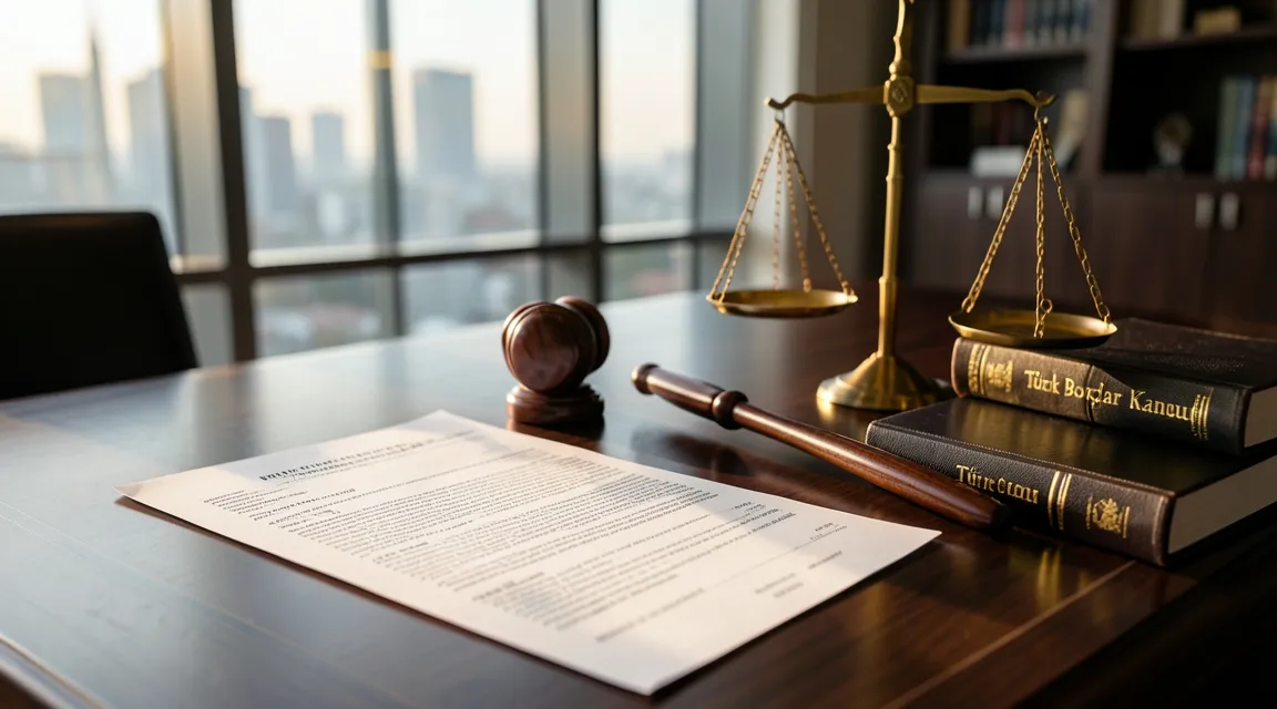 Eviction lawsuit documents, lease contract, and legal gavel on a modern law firm desk in Turkey.