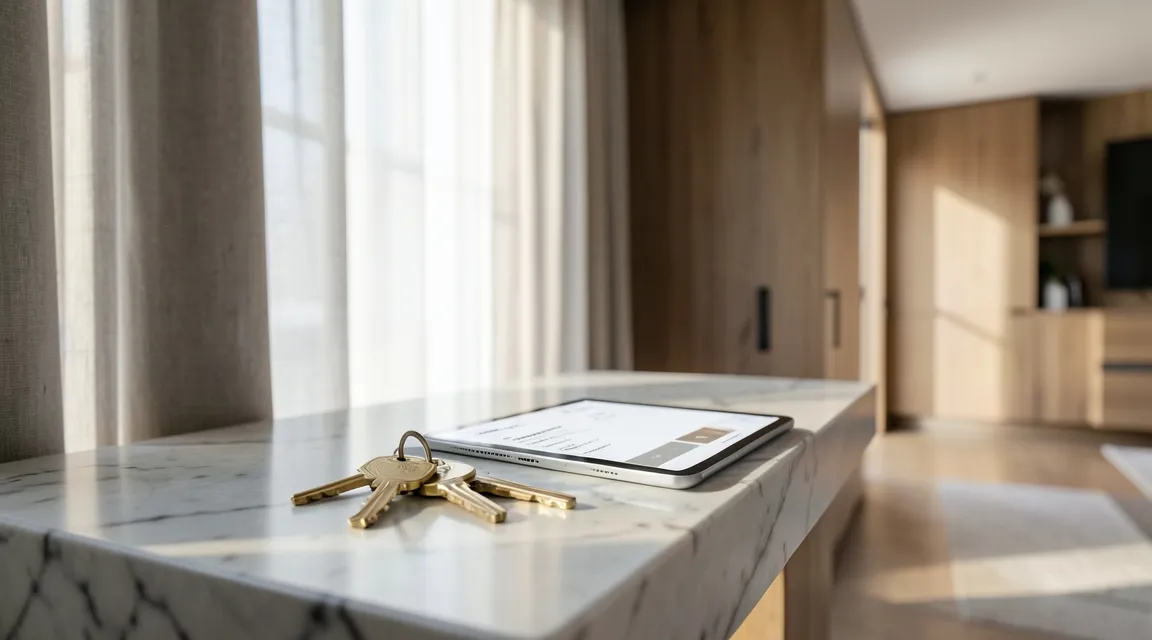 Keys and tablet on table in a modern rental apartment representing short-term platform leasing and GMSI tax law.
