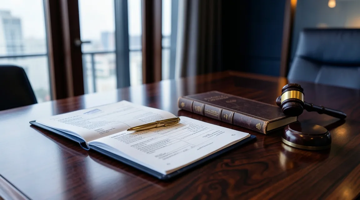Signed lease agreement and gavel on a law office desk for rent determination lawsuit and 5-year tenancy rule.
