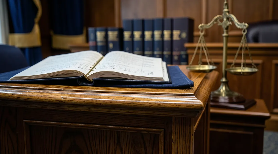 Judicial bench with scales of justice and legal court files evaluating equity discount in tenancy disputes.
