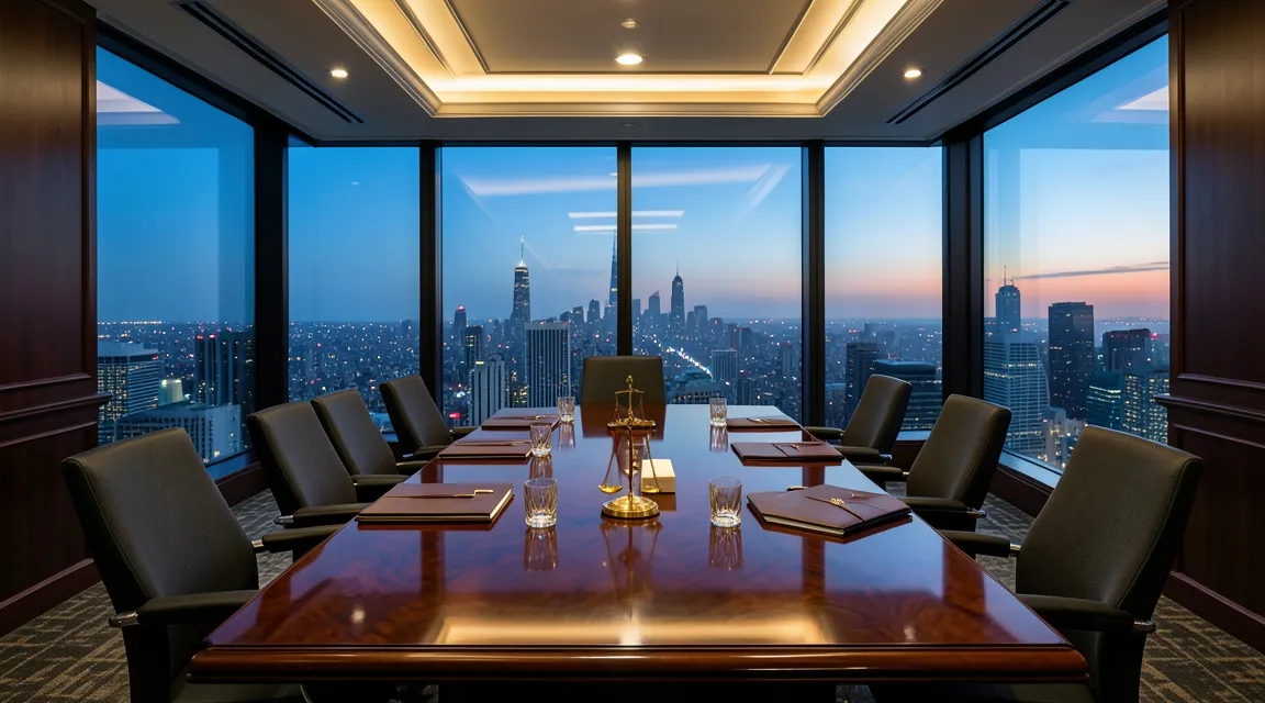 Executive law firm boardroom overlooking the city skyline for tenancy litigation strategy and mediation.
